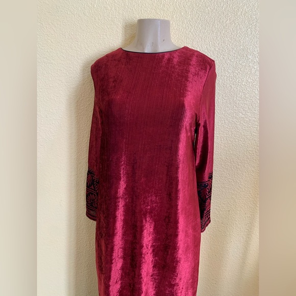 VTG Ruth Norman Neiman Marcus Sz Small Burgundy Velvet Long Sleeve Burnout Dress - Picture 2 of 11